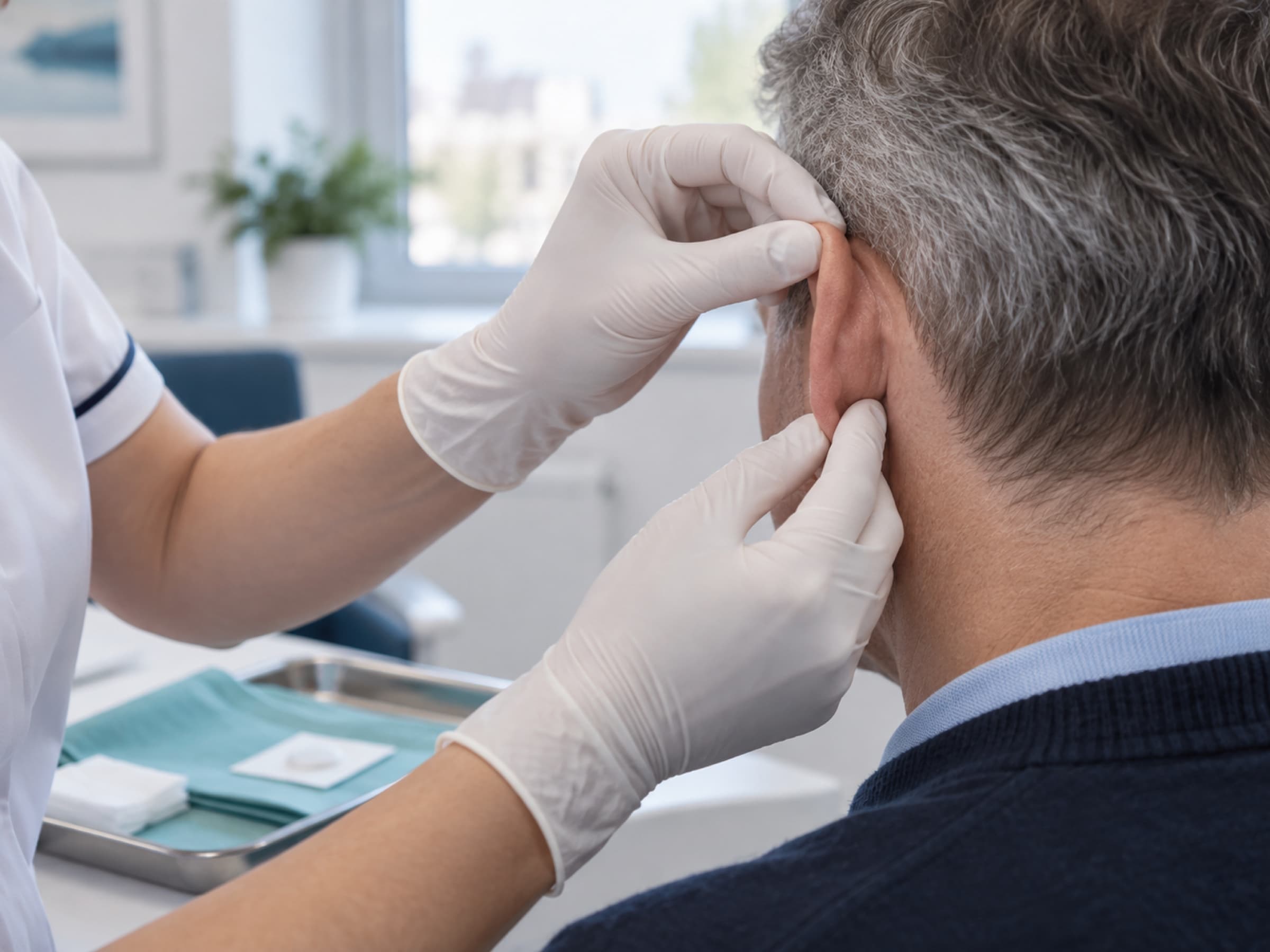 A clinician in gloves holding back the top of a patient’s ear, seen from behind