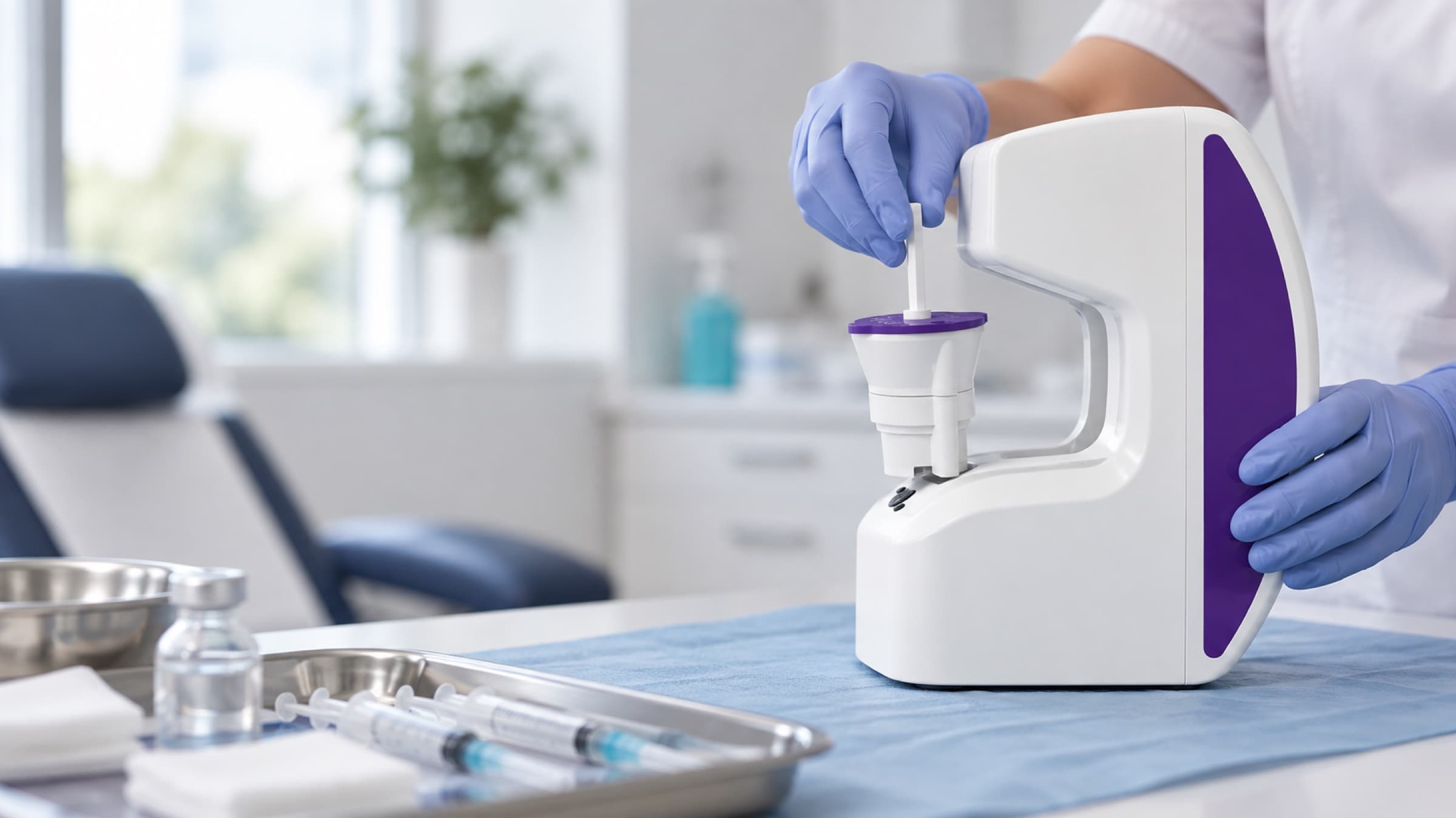 A clinician’s gloved hands placing a single-use cartridge into the processing unit on a sterile drape