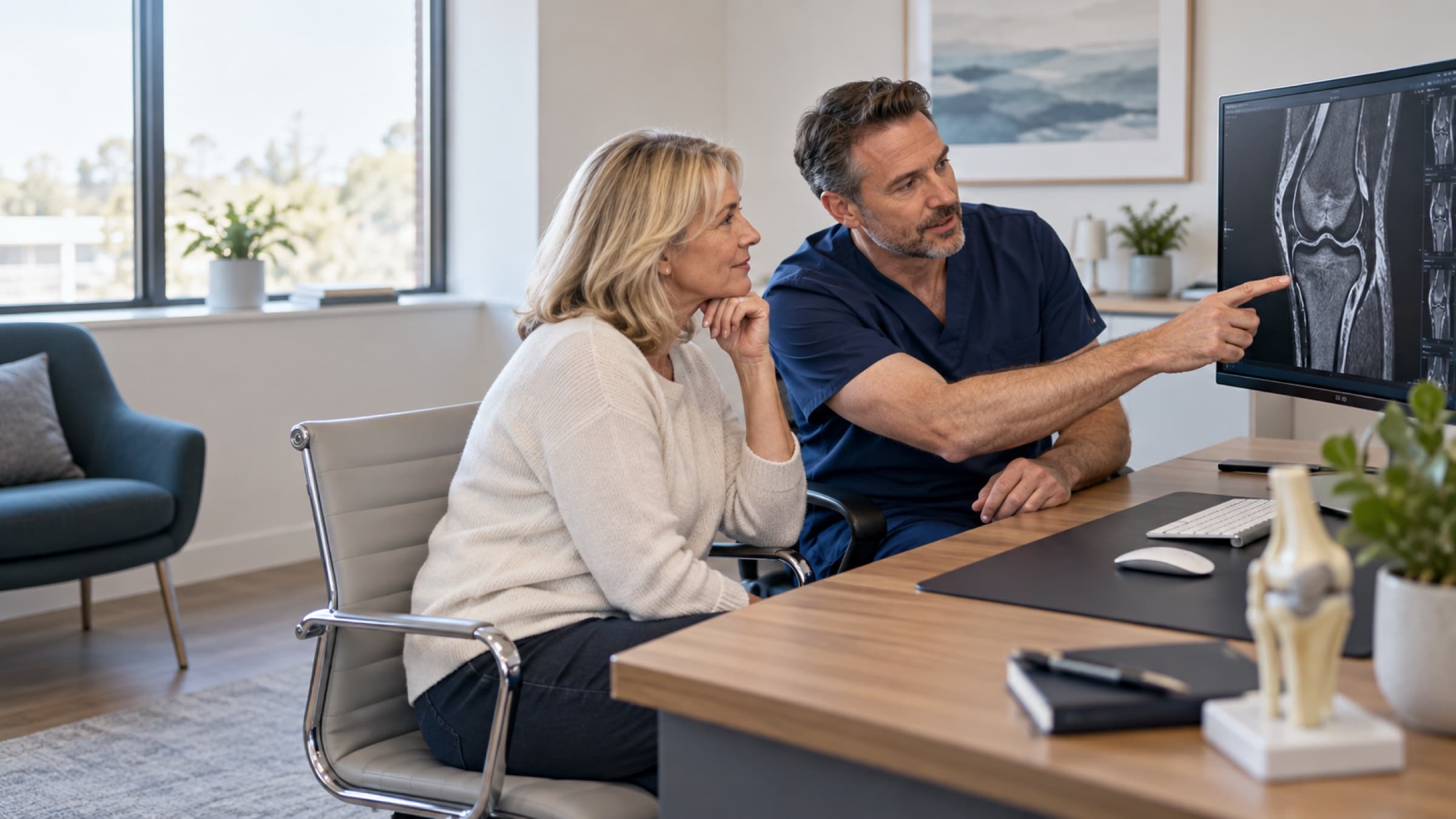 A consultant and a patient reviewing a knee scan together in a consultation room