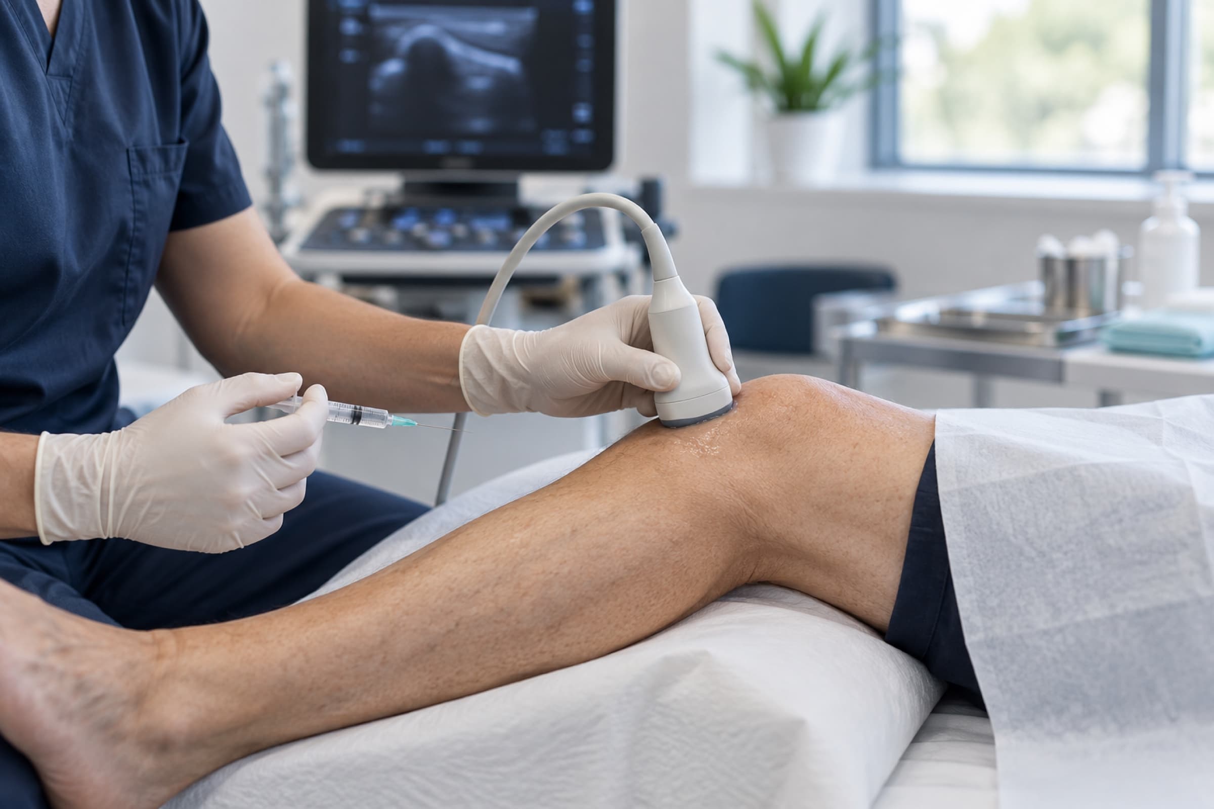 A clinician holding an ultrasound probe on a patient’s knee, with a syringe held clear of the skin