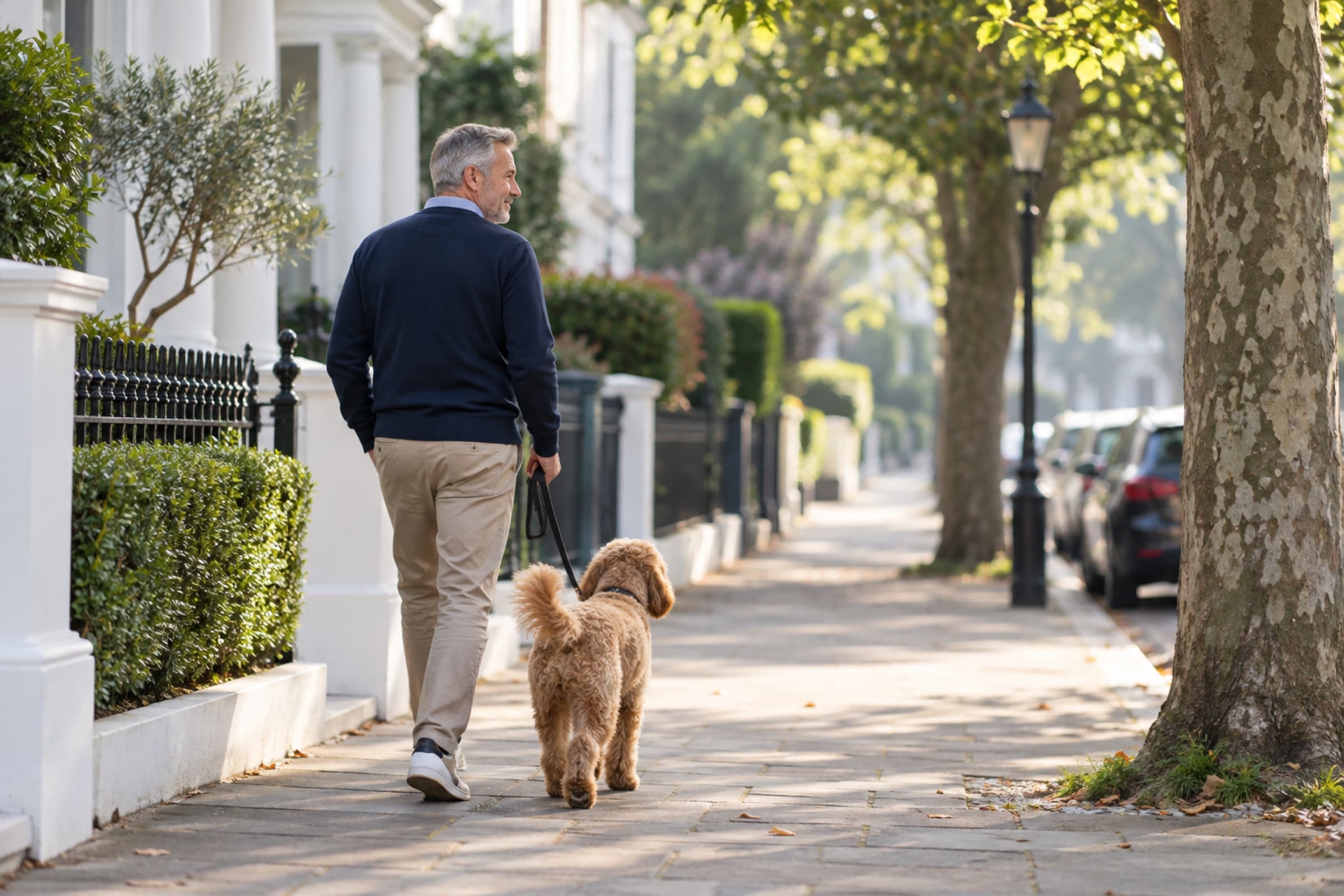 A man walking a dog along a tree-lined street