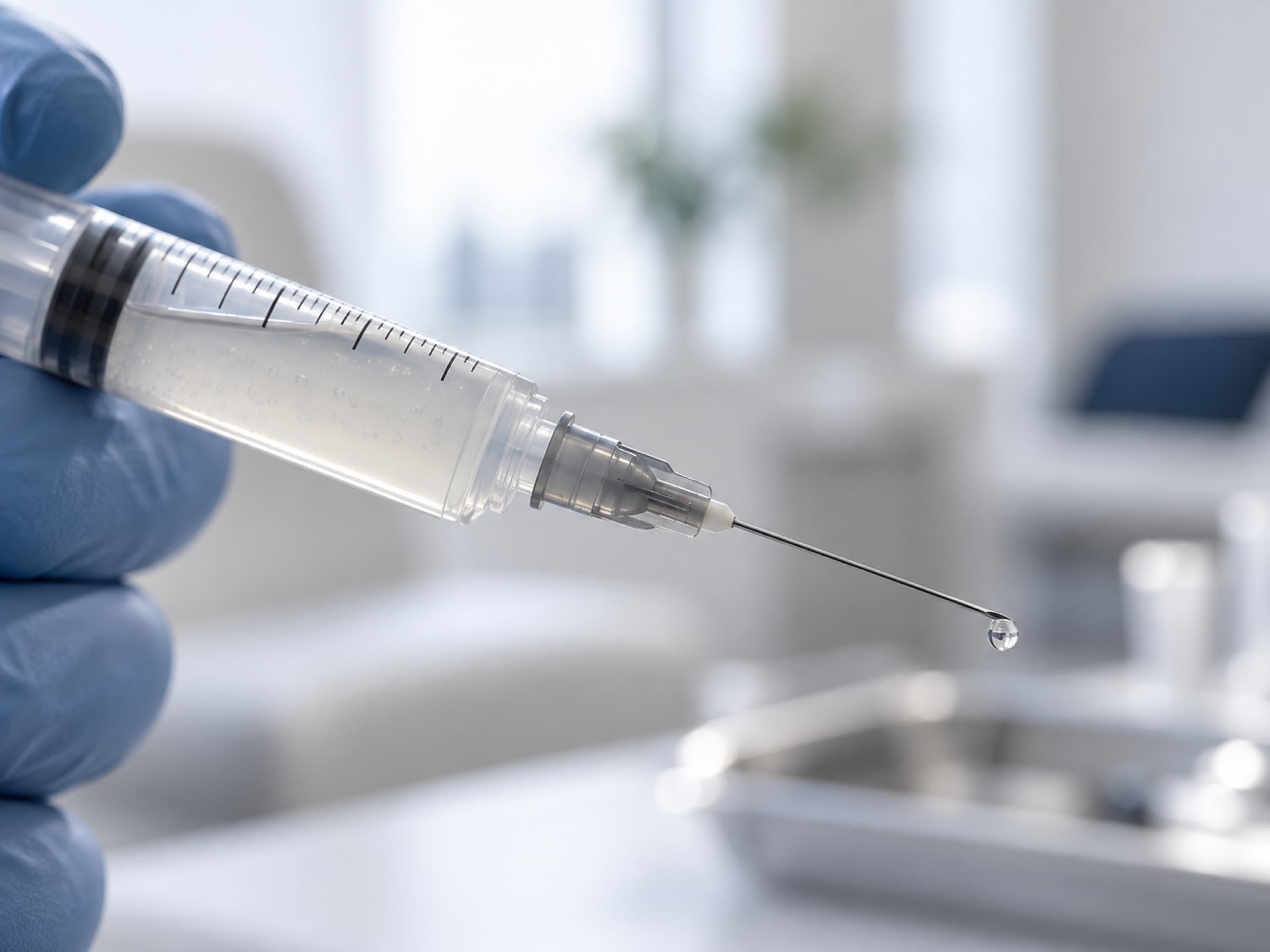 A syringe held in a gloved hand with a bead of the prepared suspension at the tip