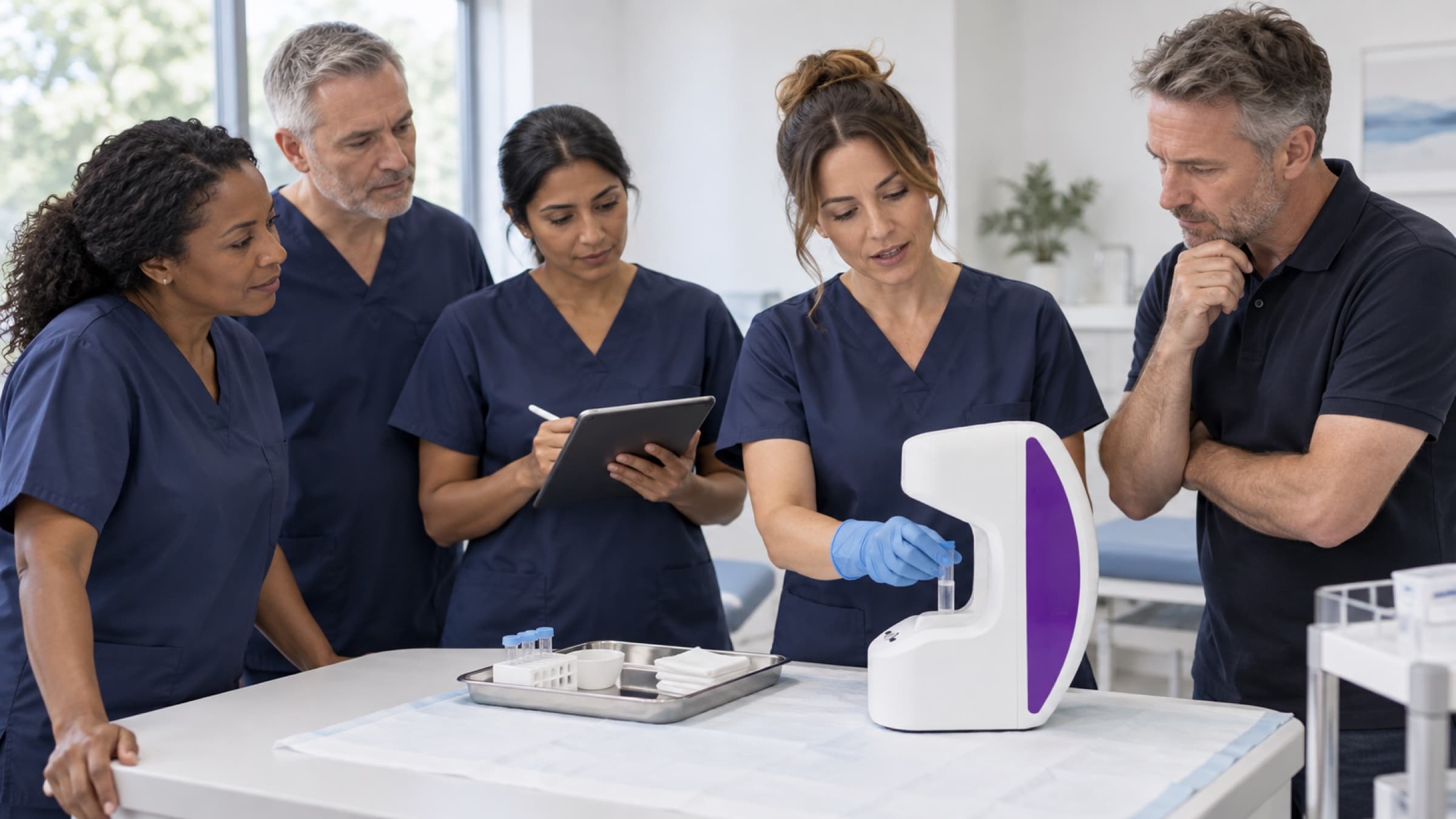 Clinicians watching a demonstration of the processing unit during a training session