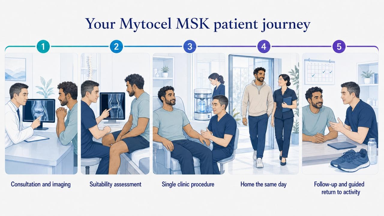 Explainer plate showing the patient journey: consultation and imaging, suitability assessment, a single clinic procedure, home the same day, then follow-up and a guided return to activity.